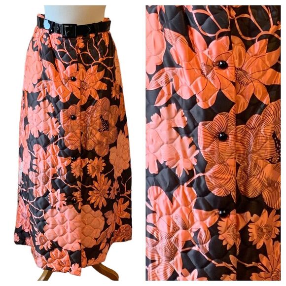 Vintage 1960s Pink & Black Floral Quilted Skirt with Patent Leather Belt - Med - Picture 3 of 11
